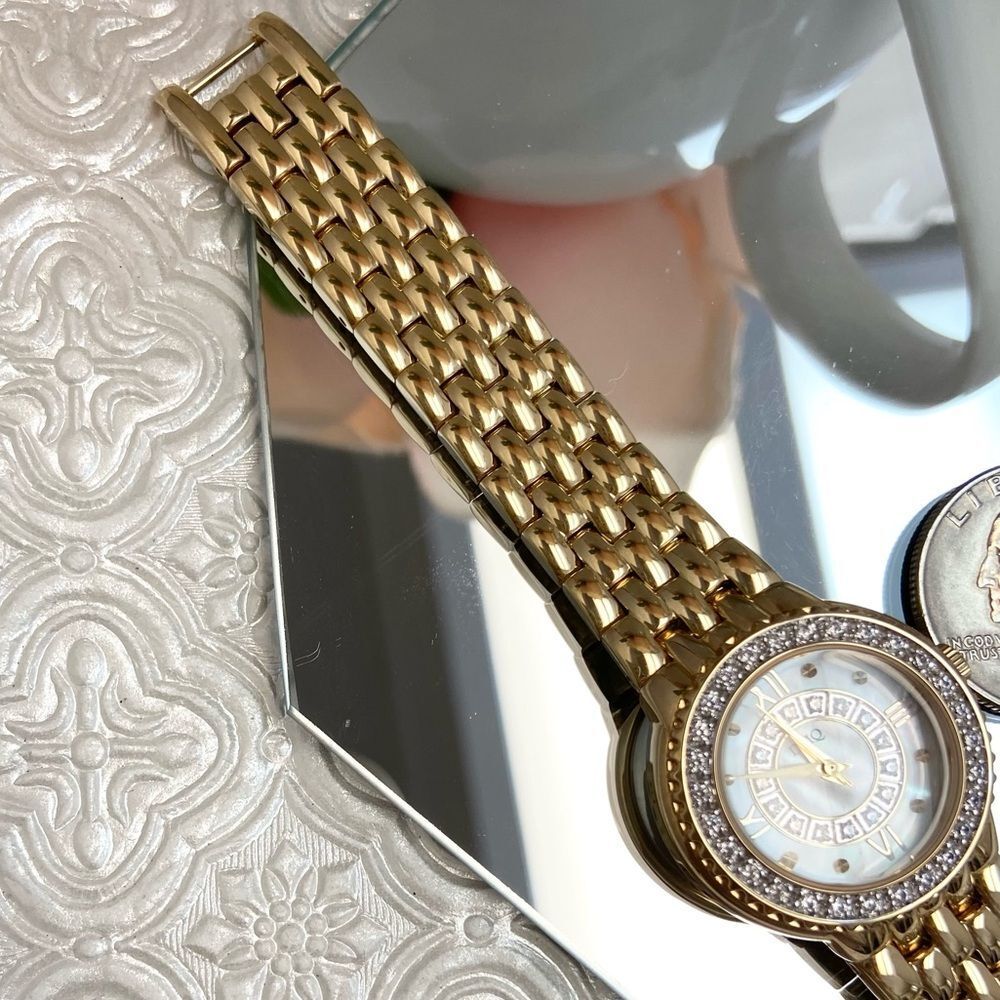 DMQ Diamonique CZ Bezel Mother of Pearl Dial Gold-Tone Dress Watch - Picture 13 of 16